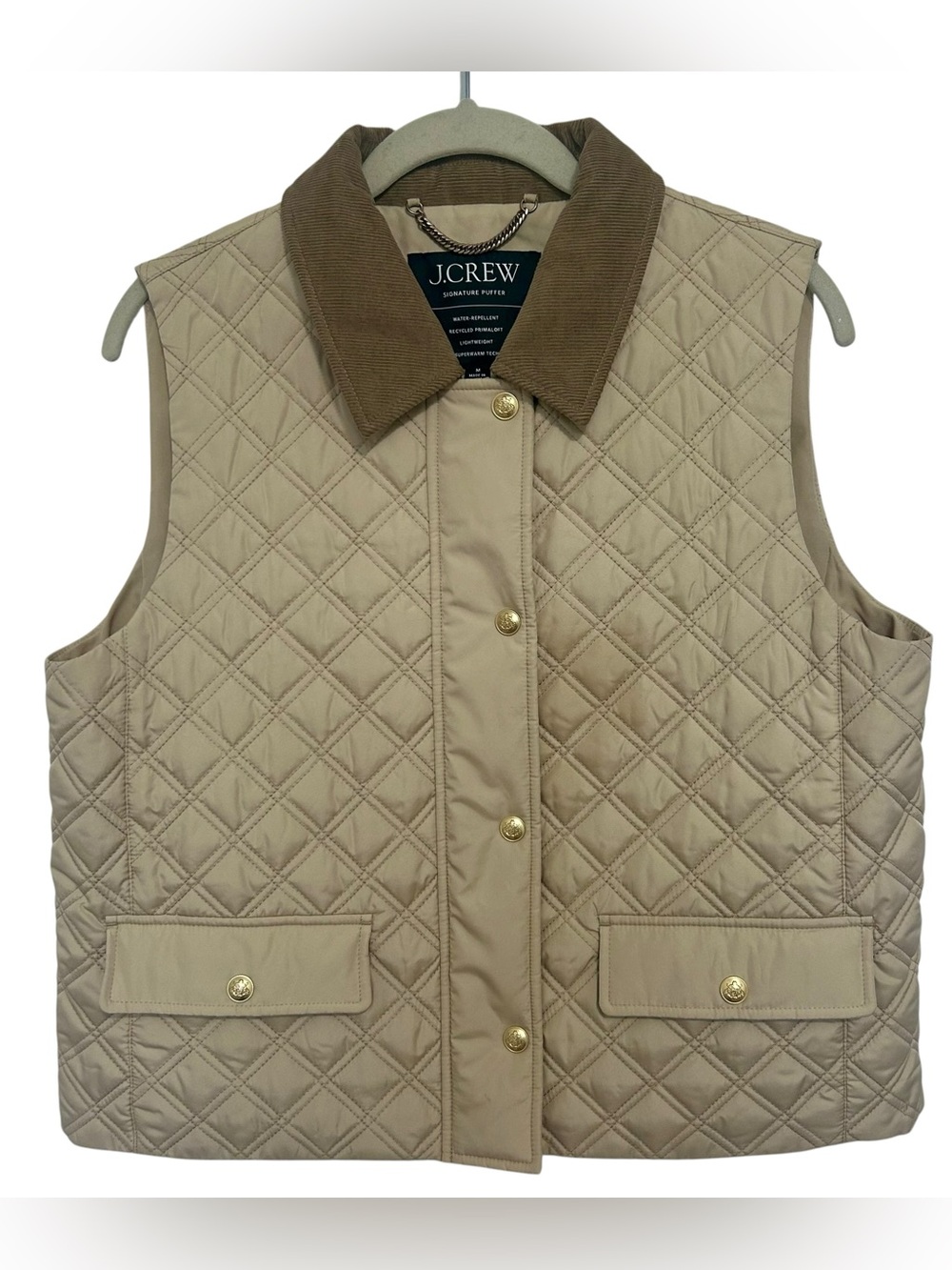 J.Crew Quilted Barn Vest with Brown Corduroy Collar Sz M